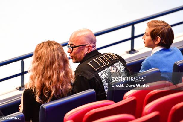 French singer Pascal Obispo and his wife Julie Hantson during the Lidl StarLigue match between Paris Saint Germain and Nantes at Salle Pierre...