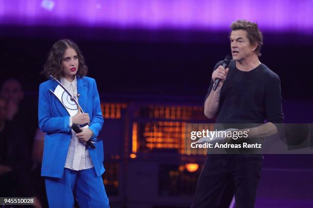 Alice Merton and 'Rock - National' award winner Campino of Die Toten Hosen are seen on stage during the Echo Award show at Messe Berlin on April 12,...