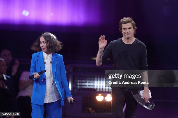 Alice Merton and 'Rock - National' award winner Campino of Die Toten Hosen are seen on stage during the Echo Award show at Messe Berlin on April 12,...