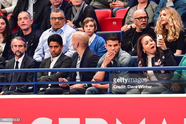 Director general Jean-Claude Blanc, PSG president Nasser Al-Khelaifi, PSG football captain Thiago Silva with his wife Isabele, plus French singer...