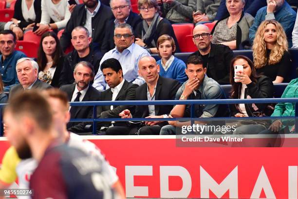 Director general Jean-Claude Blanc, PSG president Nasser Al-Khelaifi, PSG football captain Thiago Silva with his wife Isabele, plus French singer...