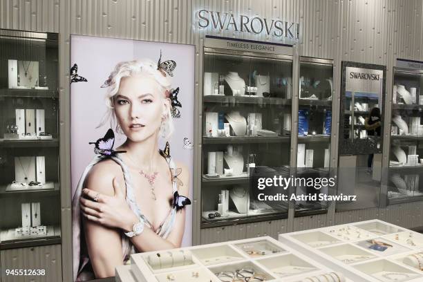 View of jewelry on shelf displays as Swarovski brand ambassador, Karlie Kloss cuts the ceremonial ribbon at the brands latest flagship location in...