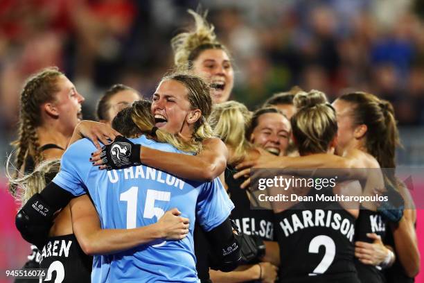 New Zealand celebrate victory in Women's Semifinal hockey match after the penalty shoot out between England and New Zealand on day eight of the Gold...