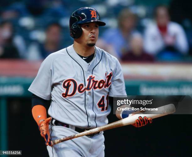 Victor Martinez of the Detroit Tigers reacts after being struck out by Starting pitcher Trevor Bauer of the Cleveland Indians during the fifth inning...