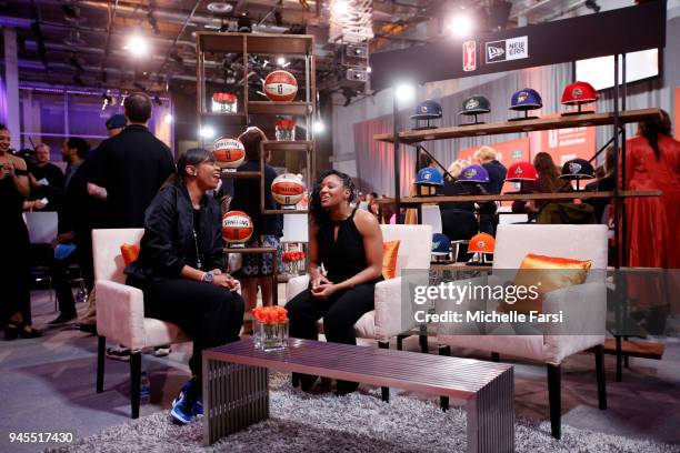 Tina Thompson talks with Kelsey Mitchell of the Indiana Fever during the WNBA Draft 2018 on April 12, 2018 at Nike New York Headquarters in New York,...