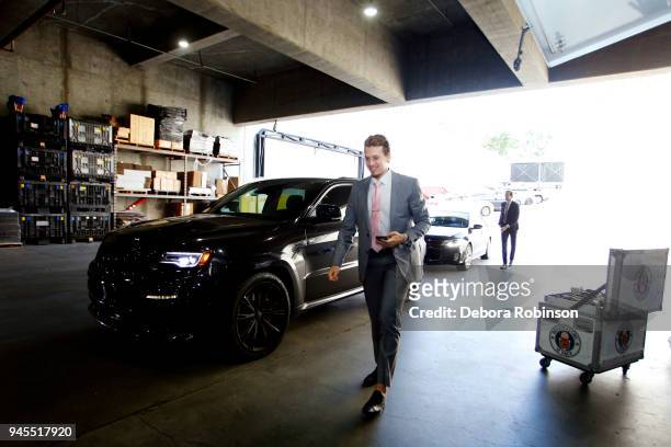 Rickard Rakell of the Anaheim Ducks enters Honda Center prior to Game One of the Western Conference First Round against the San Jose Sharks during...