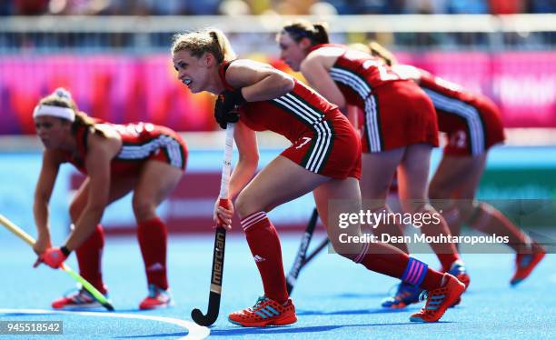 Leah Wilkinson of Wales gets ready for a penalty corner during Women's Placing 9-10 hockey match between Wales and Ghana on day eight of the Gold...