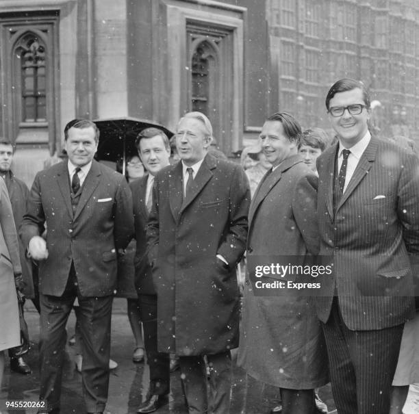 British politician and Leader of the Conservative Party Edward Heath welcoming new MPs to the House of Commons, Dudley Smith , Keith Speed , Donald...