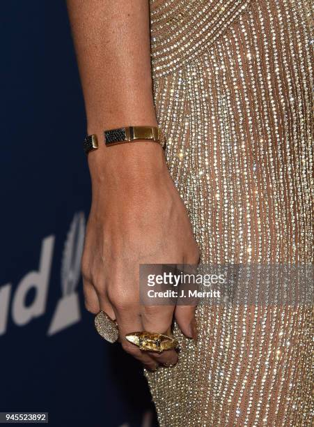 Trace Lysette, fashion detail, attends the 29th Annual GLAAD Media Awards at The Beverly Hilton Hotel on April 12, 2018 in Beverly Hills, California.