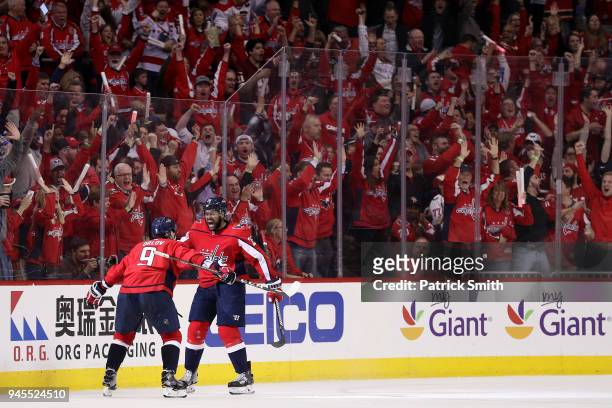 Devante Smith-Pelly of the Washington Capitals celebrates his goal against the Columbus Blue Jackets in the third period in Game One of the Eastern...