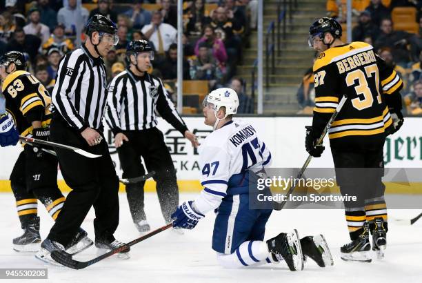 Toronto Maple Leafs left wing Leo Komarov looks for a call from linesman Derek Amell during Game 1 of the First Round for the 2018 Stanley Cup...