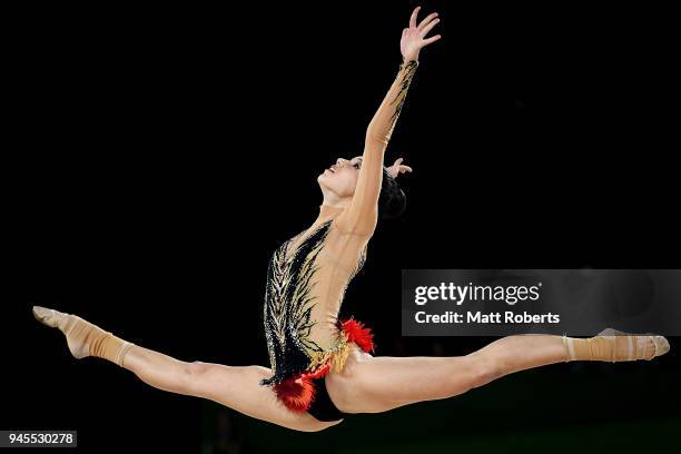 Diamanto Evripidou of Cyprus competes during the Rhythmic Gymnastics on day nine of the Gold Coast 2018 Commonwealth Games at Coomera Indoor Sports...