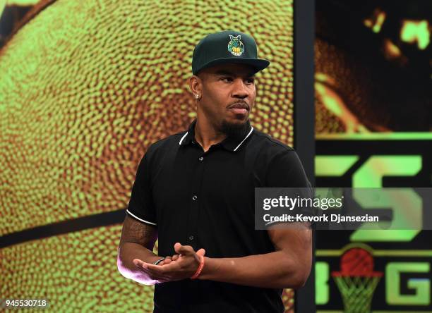 Andre Owens is selected by Ball Hogs as the No 1 pick during the BIG3 2018 Player Draft at Fox Sports Studio on April 12, 2018 in Los Angeles,...