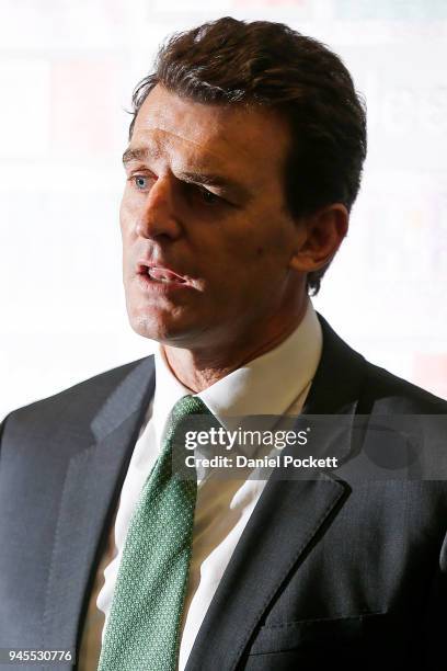 Richmond CEO, Brendon Gale talks to the media during the Richmond Tigers AFL training session at Punt Road Oval on April 13, 2018 in Melbourne,...