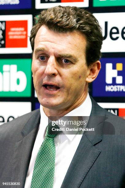 Richmond CEO, Brendon Gale talks to the media during the Richmond Tigers AFL training session at Punt Road Oval on April 13, 2018 in Melbourne,...