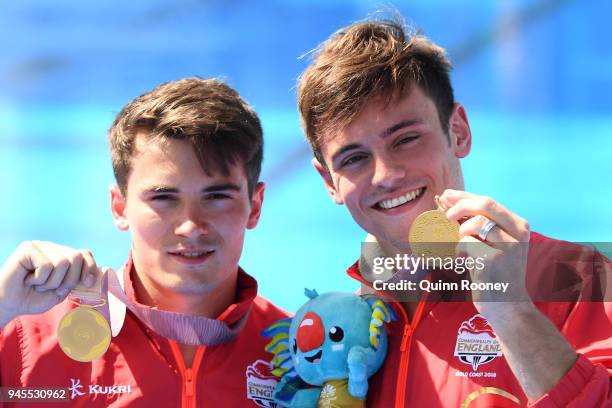 Gold medalists Daniel Goodfellow and Thomas Daley of England pose during the medal ceremony for the Men's Synchronised 10m Platform Diving Final on...