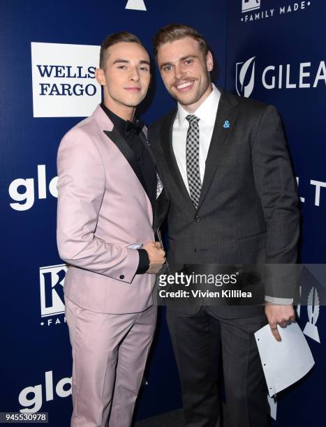 Adam Rippon and Gus Kenworthy pose backstage at the 29th Annual GLAAD Media Awards at The Beverly Hilton Hotel on April 12, 2018 in Beverly Hills,...