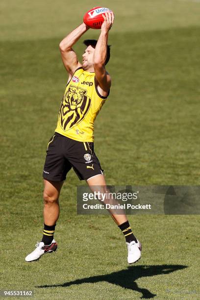 Trent Cotchin of the Tigers in action during the Richmond Tigers AFL training session at Punt Road Oval on April 13, 2018 in Melbourne, Australia.