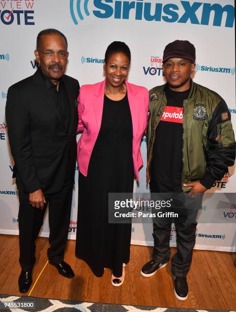 Joe Madison, Karen Hunter, and Sway Calloway attend SiriusXM's "Urban View Vote" at Morehouse College on April 12, 2018 in Atlanta, Georgia.