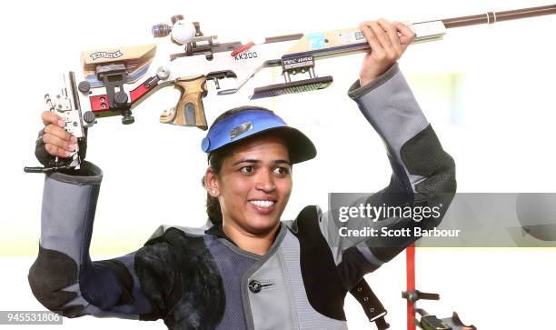 Tejaswini Sawant of India celebrates winning the gold medal in the Women's 50m Rifle 3 Positions Finals during the Shooting on day nine of the Gold...