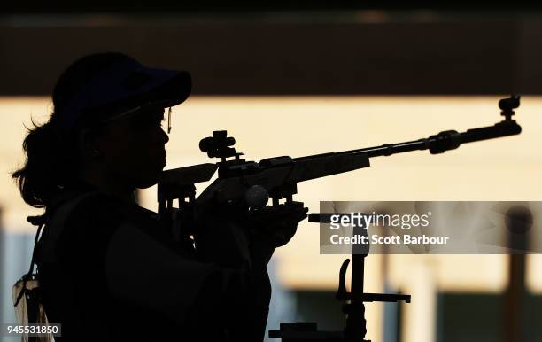 Tejaswini Sawant of India in action whilst winning the gold medal in the Women's 50m Rifle 3 Positions Finals during the Shooting on day nine of the...