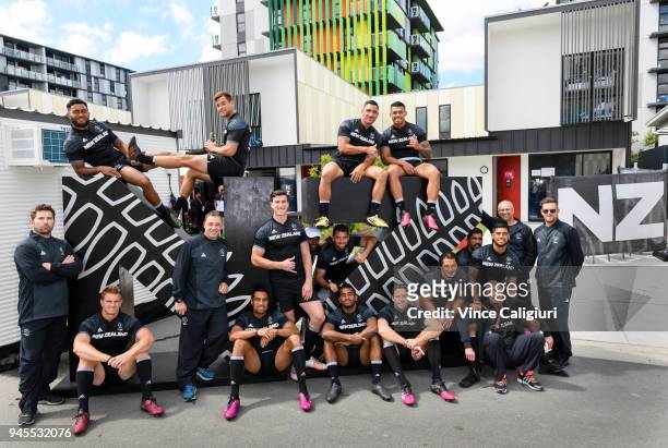 New Zealand Rugby Sevens team pose for a photo in front of the teams head quarters at the Athletes Village on day nine of the Gold Coast 2018...