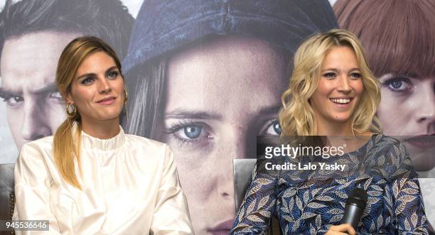 Amaia Salamanca and Luisana Lopilato attend a press conference for 'Perdidas' at the Intecontinental Hotel on April 12, 2018 in Buenos Aires,...