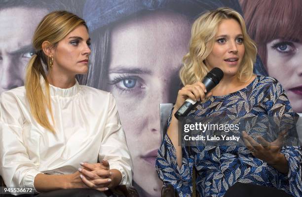 Amaia Salamanca and Luisana Lopilato attend a press conference for 'Perdidas' at the Intecontinental Hotel on April 12, 2018 in Buenos Aires,...