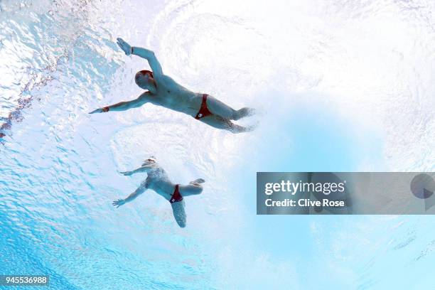 Thomas Daley and Daniel Goodfellow of England compete in the Men's Synchronised 10m Platform Diving Final on day nine of the Gold Coast 2018...