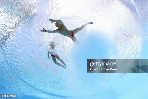 Thomas Daley and Daniel Goodfellow of England compete in the Men's Synchronised 10m Platform Diving Final on day nine of the Gold Coast 2018...