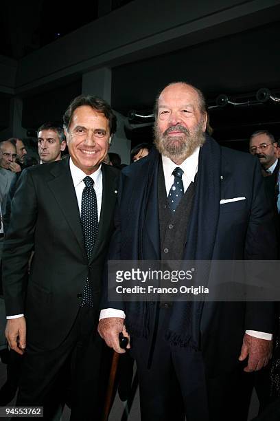 Chief of Italian Police Antonio Manganelli and actor Bud Spencer , pose during the 'Belstaff Presents New Uniforms For Italian Police' at the...