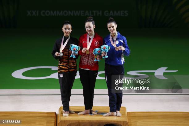 Silver medalist Sie Yan Koi of Malaysia, gold medalist Sophie Crane of Canada and bronze medalist Diamanto Evripidou of Cyprus pose during the medal...