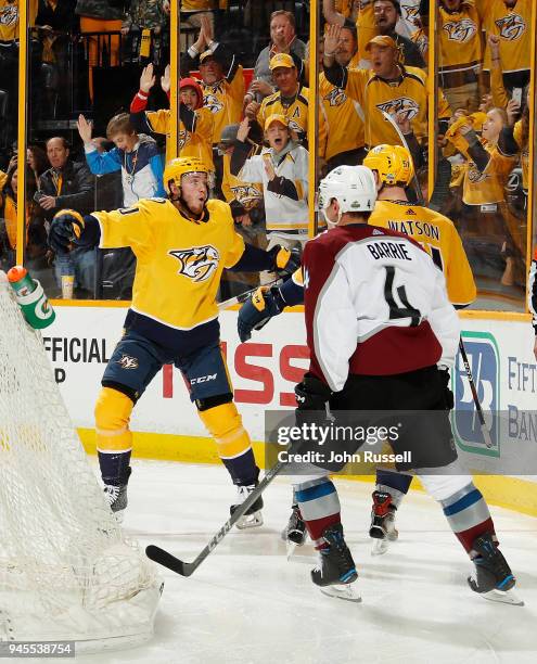 Austin Watson celebrates his goal with Colton Sissons of the Nashville Predators against Jonathan Bernier of the Colorado Avalanche in Game One of...