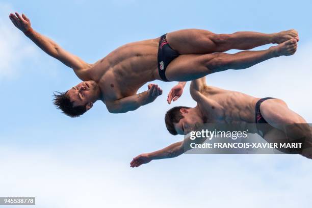 England's Thomas Daley and England's Daniel Goodfellow compete during the men's synchronised 10m platform diving in the 2018 Gold Coast Commonwealth...