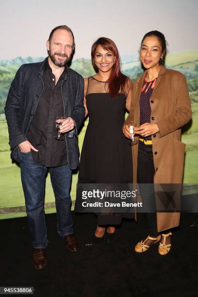 Ralph Fiennes, Danielle de Niese and Sophie Okokedo pose backstage following the press night performance of "The Moderate Soprano" at the Duke Of...