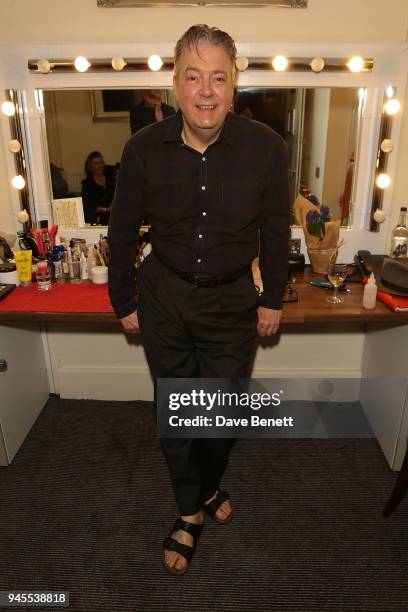 Roger Allam poses backstage following the press night performance of "The Moderate Soprano" at the Duke Of Yorkâ Theatre on April 12, 2018 in London,...