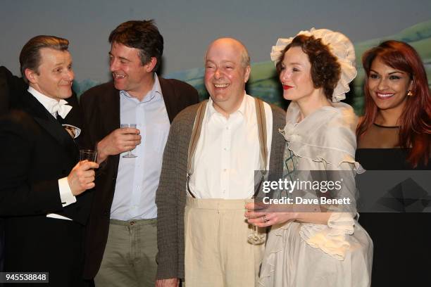 Anthony Calf, Gus Christie, Roger Allam, Nancy Carroll and Danielle de Niese pose backstage following the press night performance of "The Moderate...