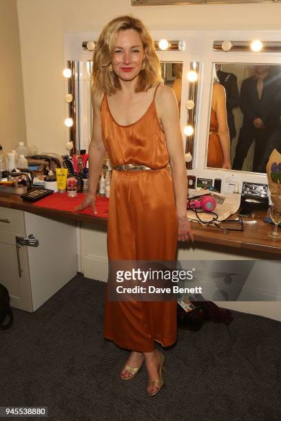 Nancy Carroll poses backstage following the press night performance of "The Moderate Soprano" at the Duke Of Yorkâs Theatre on April 12, 2018 in...