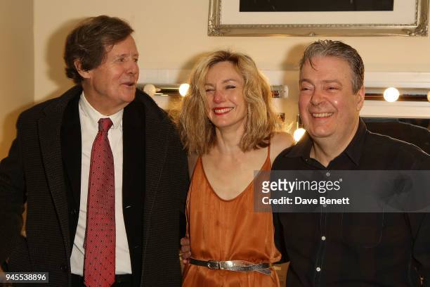 David Hare, Nancy Carroll and Roger Allam pose backstage following the press night performance of "The Moderate Soprano" at the Duke Of Yorkâ Theatre...