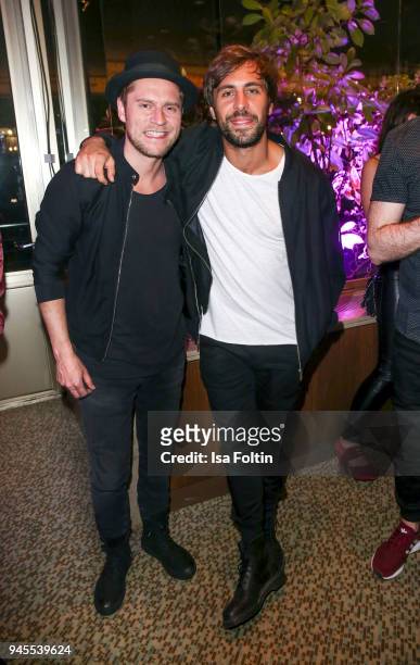 German singer Gregor Meyle and German singer Max Giesinger during the Echo Award after show party at Palais am Funkturm on April 12, 2018 in Berlin,...
