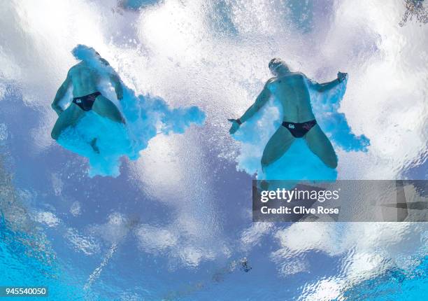 Thomas Daley and Daniel Goodfellow of England compete in the Men's Synchronised 10m Platform Diving Final on day nine of the Gold Coast 2018...