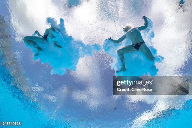 Thomas Daley and Daniel Goodfellow of England compete in the Men's Synchronised 10m Platform Diving Final on day nine of the Gold Coast 2018...