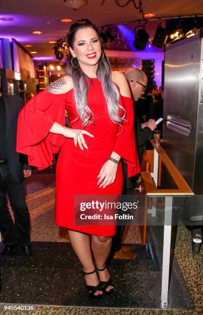 Show 'Dschungel Camp' winner Jenny Frankhauser during the Echo Award after show party at Palais am Funkturm on April 12, 2018 in Berlin, Germany.