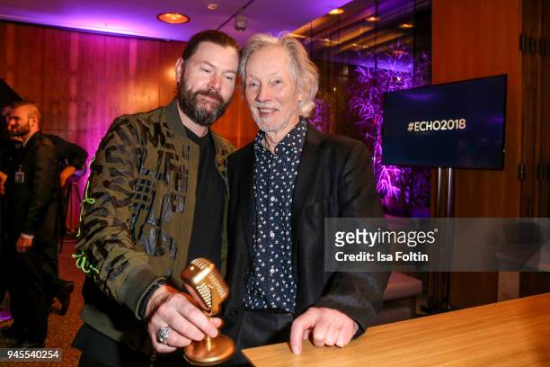 Irish singer Rea Garvey and award winner Klaus Voormann during the Echo Award after show party at Palais am Funkturm on April 12, 2018 in Berlin,...