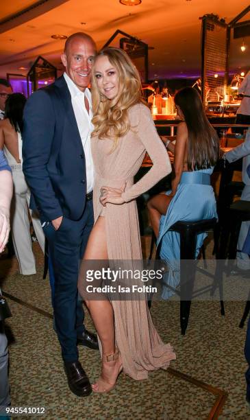 German actress Jenny Elvers and guest during the Echo Award after show party at Palais am Funkturm on April 12, 2018 in Berlin, Germany.