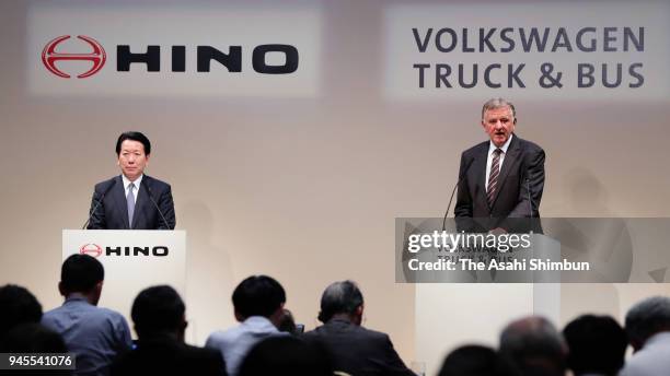 Hino Motors President Yoshio Shimo and Volkswagen Truck & Bus CEO Andreas Renschler attend a joint press conference on their partnership on...