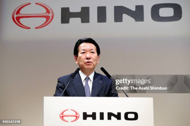 Hino Motors President Yoshio Shimo speaks during a joint press conference with Volkswagen Truck & Bus CEO Andreas Renschler on April 12, 2018 in...