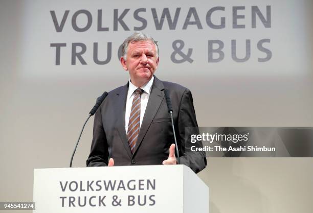 Volkswagen Truck & Bus CEO Andreas Renschler attends a joint press conference with Hino Motors President Yoshio Shimo on their partnership on...