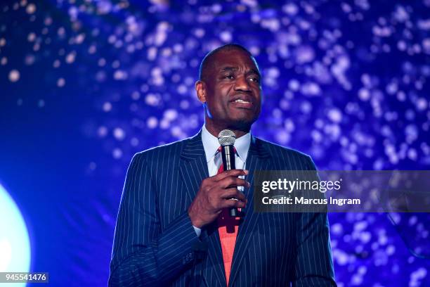 Global Humanitarian Award Honoree Dikembe Mutombo speaks at the Fourth Annual UNICEF Gala at The Foundry At Puritan Mill on April 12, 2018 in...