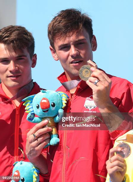 Tom Daley is seen after winning the Men's 10m Syncro Platform with Daniel Goodfellow during Diving on day nine of the Gold Coast 2018 Commonwealth...